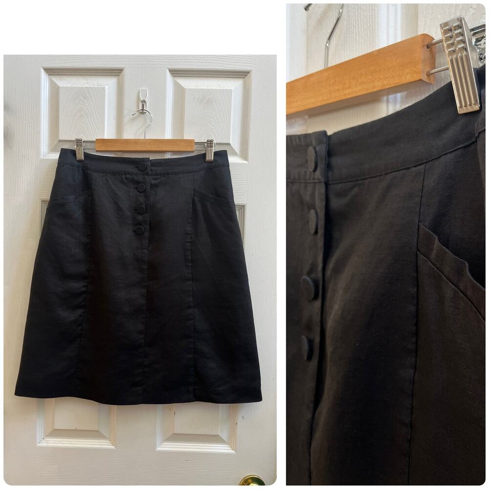 H&M Black Ramie Blend Pocket Button Detail Fully Lined A Line Skirt Size 10